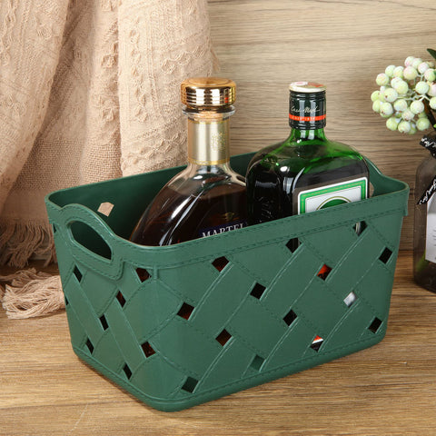 ASelected 5 Pack Plastic Woven Storage Basket With Handles, Small 24x16x14cm, Beautiful Fashionable, Skin Pattern Cross Woven, For Kitchen