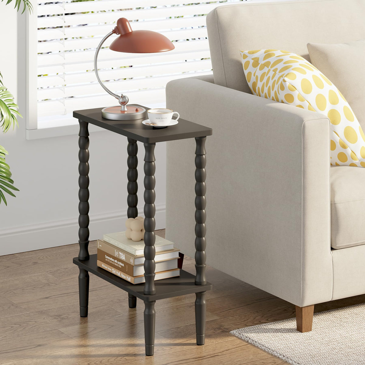 TUTOTAK Narrow Side Table, 2-Tier Small End Table with Storage, Slim Skinny Nightstand for Small Spaces, Living Room, Bedrooms, Black TB01BK001EU