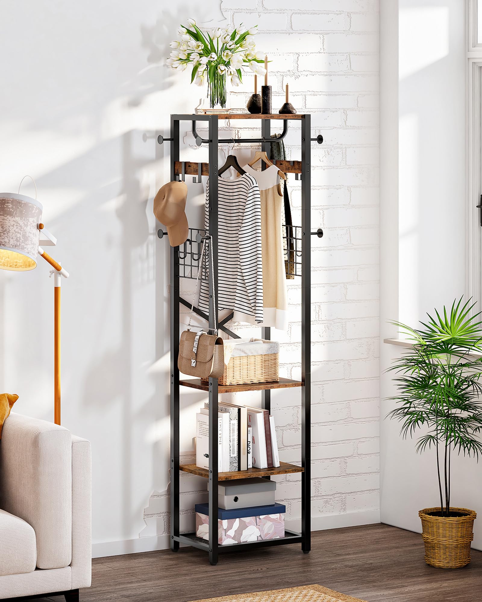 CHOEZON Coat Rack Freestanding, Hall Tree with 3 Storage Shelves, Coat Stand with 16 Hooks and Hanging Rail, Industrial Clothes Stand for Entryway