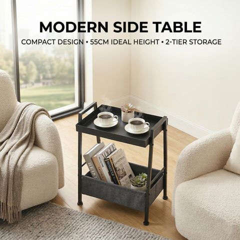 ZEXVIDA Small End Table with Fabric Storage Basket, 2-Tier Metal Side Table with Tray Top, Compact Nightstand Bedside Table for Living Room