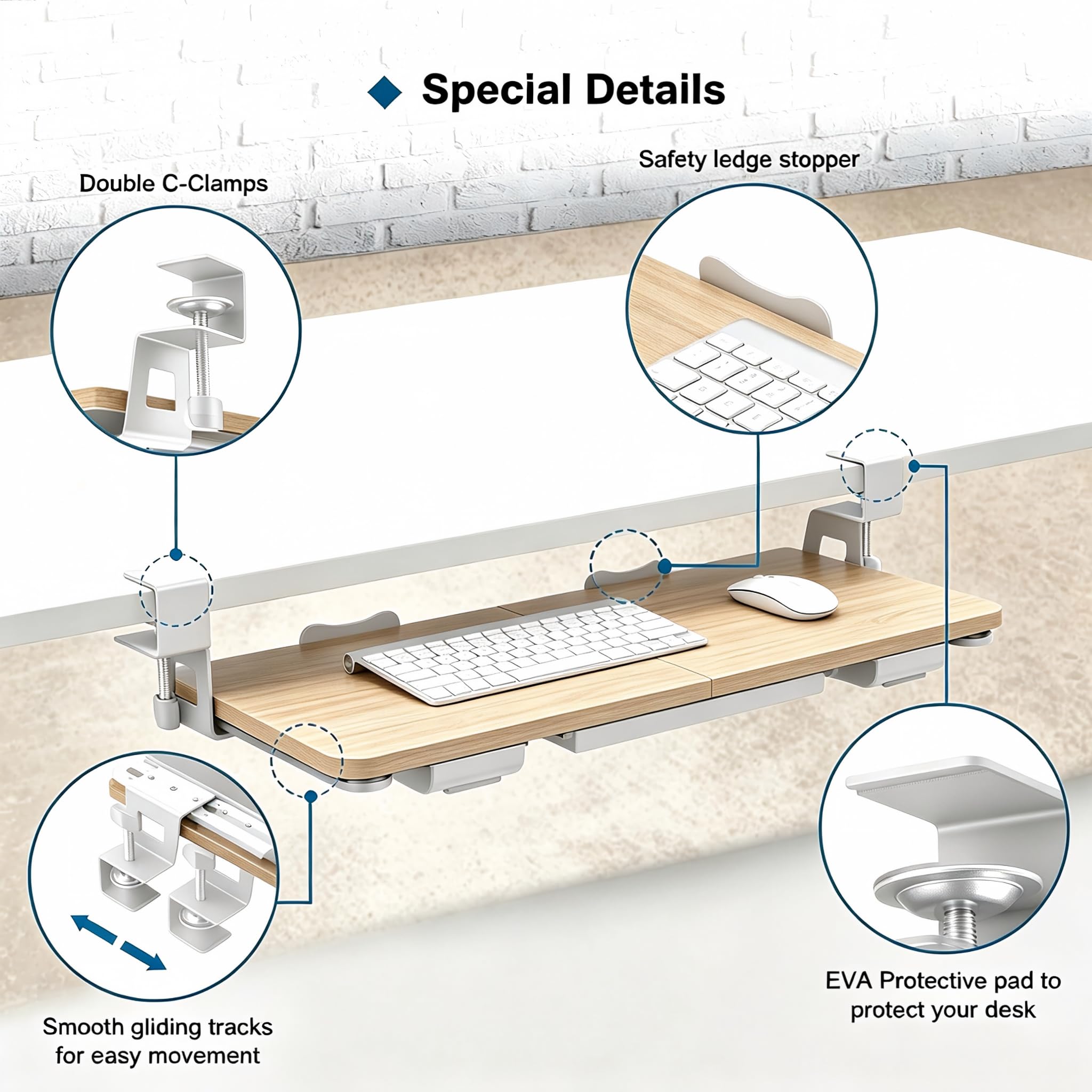 Keyboard Tray Under Desk with Drawer,26.77" X 11.81"Large Size Keyboard Tray with C Clamp-on Mount, Easy to Install, for Home Office (Maple)