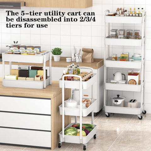 Sywhitta 5-Tier Plastic Rolling Utility Cart with Handle, Multi-Functional Storage Trolley for Office, Living Room, Kitchen