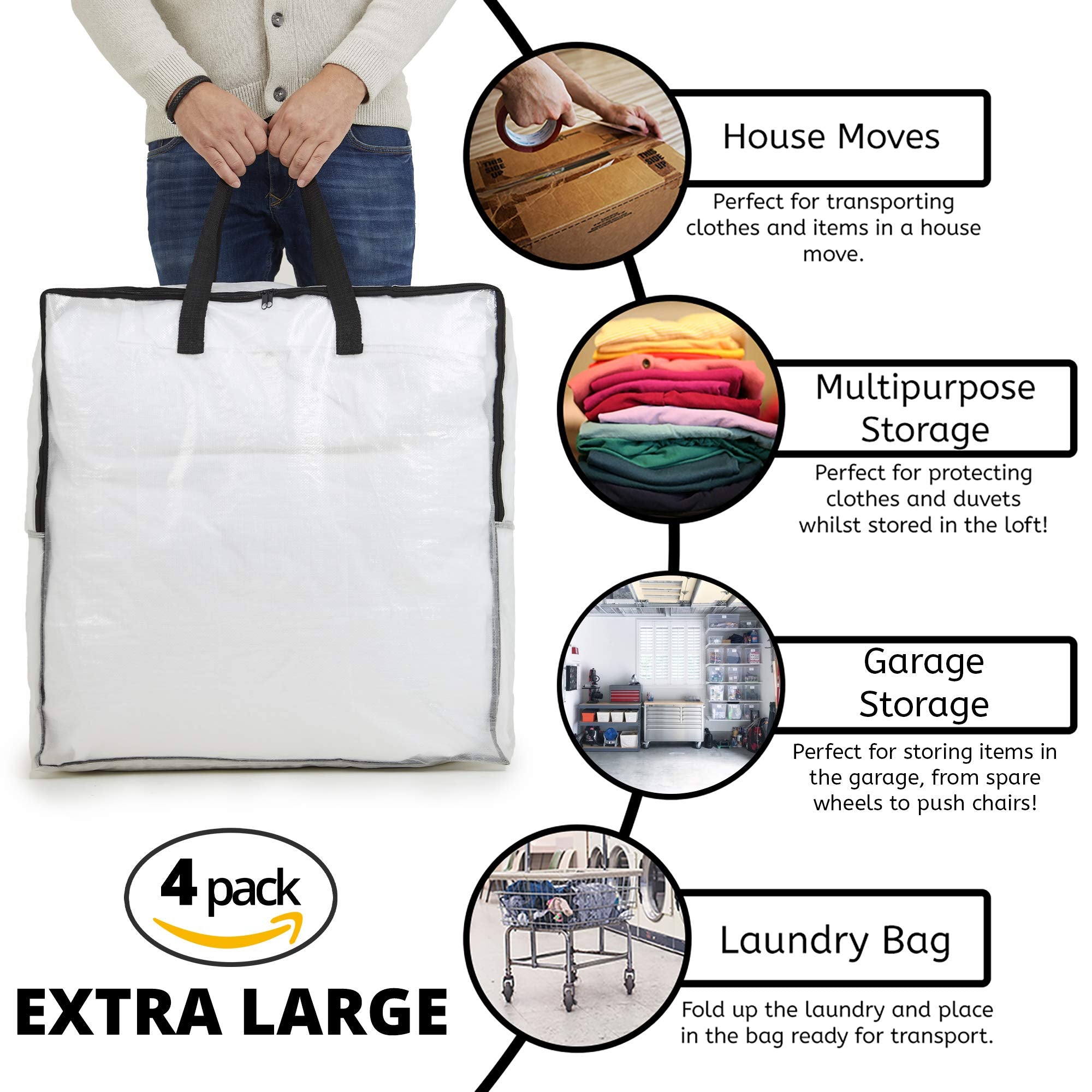 DECO EXPRESS Laundry Bags XL, Pack of 4 Heavy Duty Jumbo Garage, Attic or Underbed Storage Solutions for Clothes, Bedding, Duvet