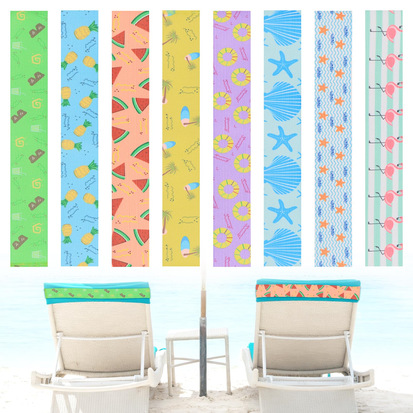 KASURE 8 Pack Beach Towel Bands for Sun Loungers, Beach Elastic Bands, Cruise Essentials Accessories, Non-Slip Chair Towel Holders for Beach,Pool
