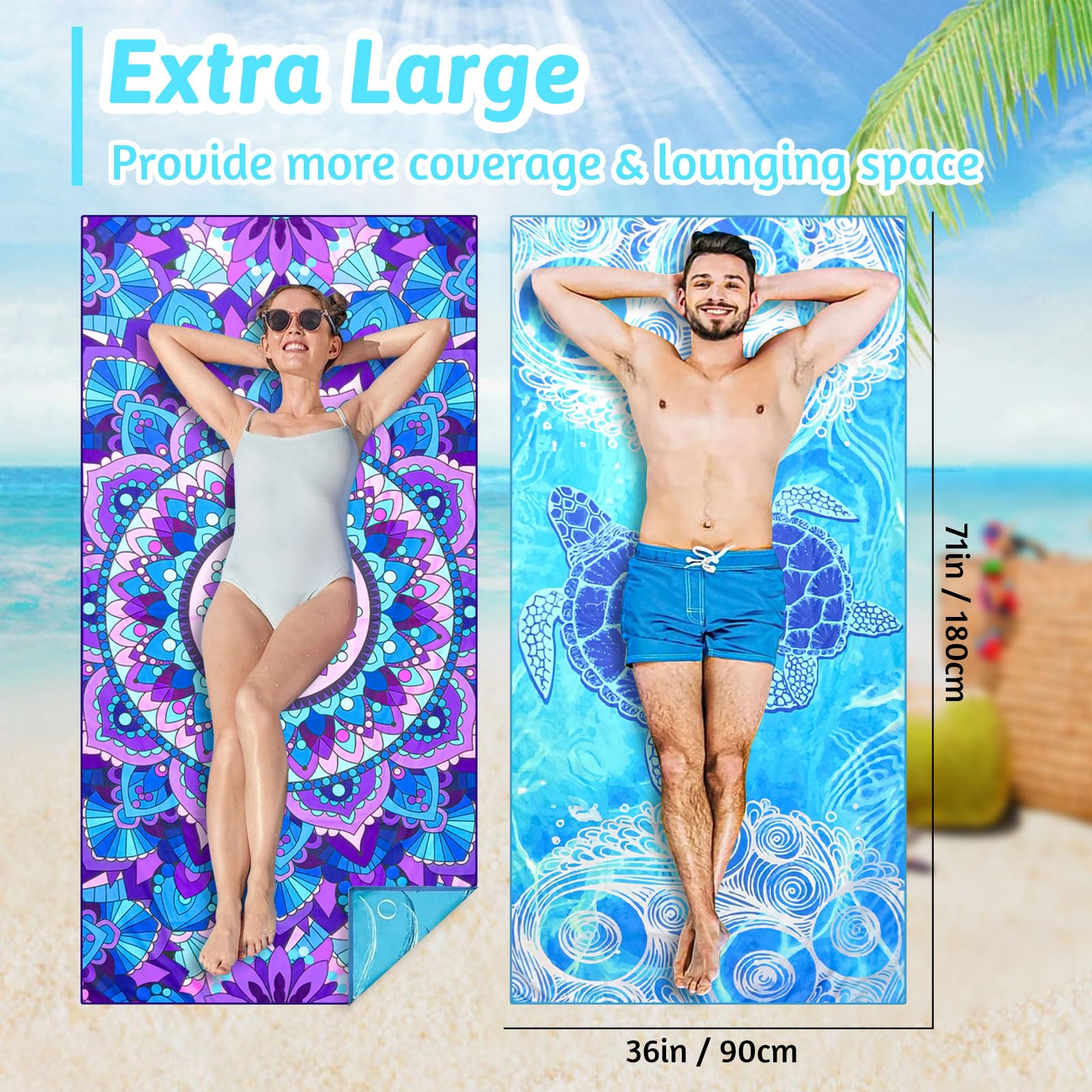 KutaKuta 2 Pack Microfibre Beach Towels, 180x90cm Double Sided Lightweight Beach Towel Beach Towels for Adults