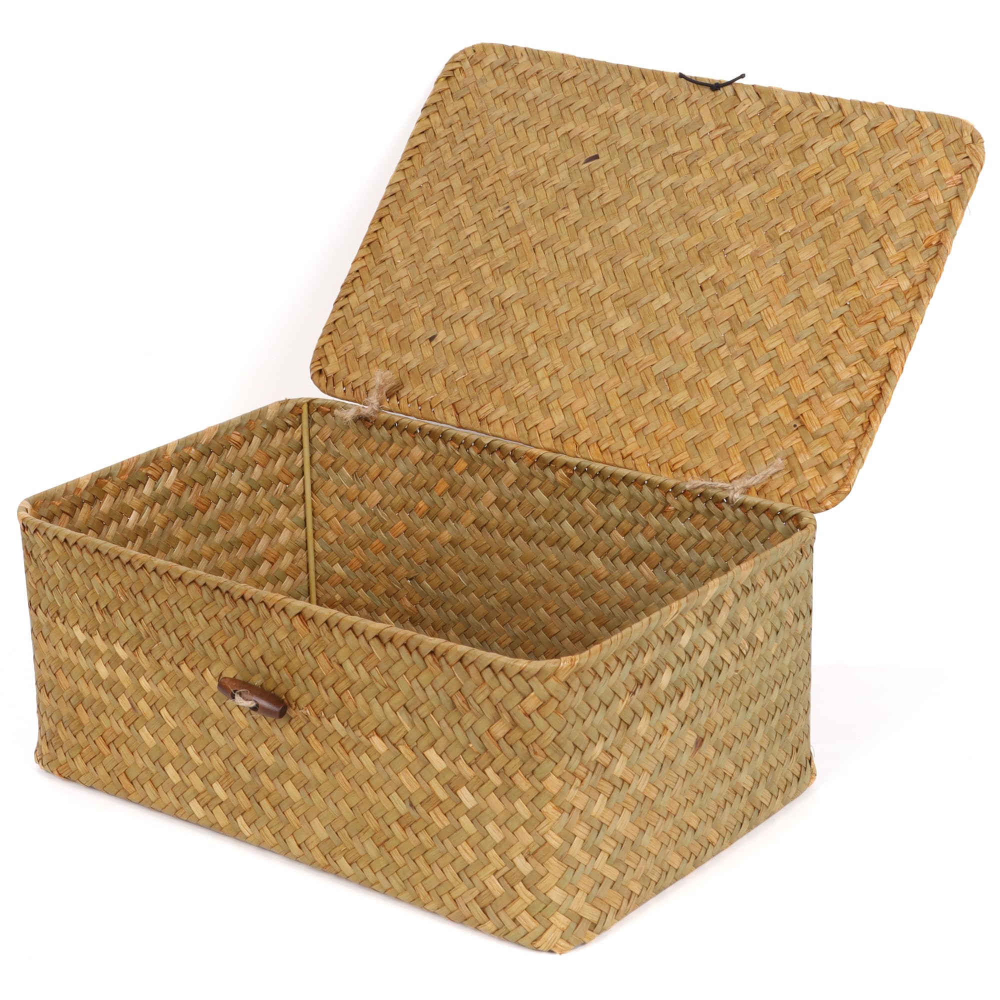 FEIALNDUO Wicker Shelf Baskets with Lid,Seagrass Storage Basket Bins Rectangular Handwoven Basket Boxes for Shelves Desktop Home Organizer