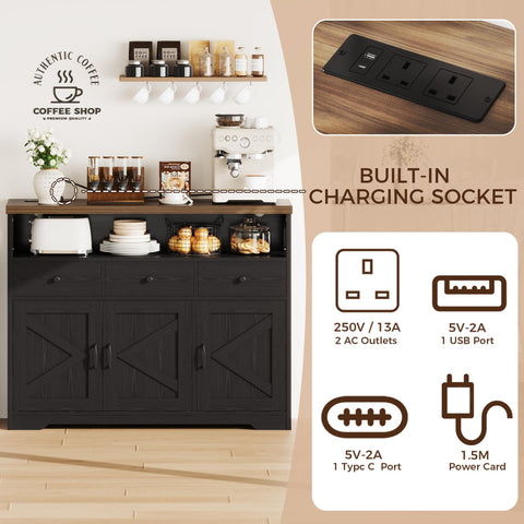 IRONCK Sideboard Kitchen Cabinet with Power Outlets, 107x35x95cm, Black