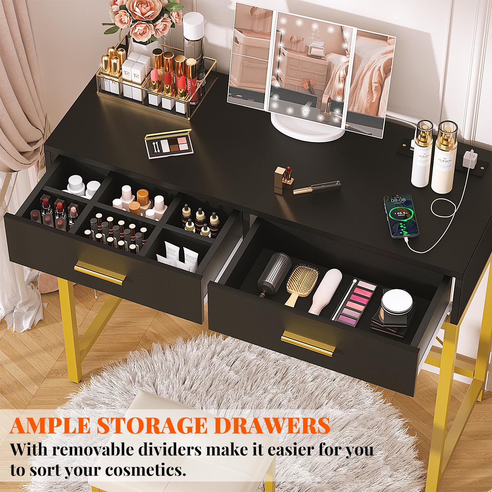 iSunirm 36 Inch Vanity Desk with Mirror and Drawers, Vanity Table and Stool, Dressing Table with Lights and Socket Strip for Bedroom, Black