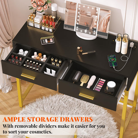 iSunirm 36 Inch Vanity Desk with Mirror and Drawers, Vanity Table and Stool, Dressing Table with Lights and Socket Strip for Bedroom, Black