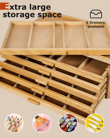 DJAR 6-Drawer Storage Box for Art Supplies, Beech Wood Desk Organizer for Pastels, Brushes, Pencils, Removable Drawers
