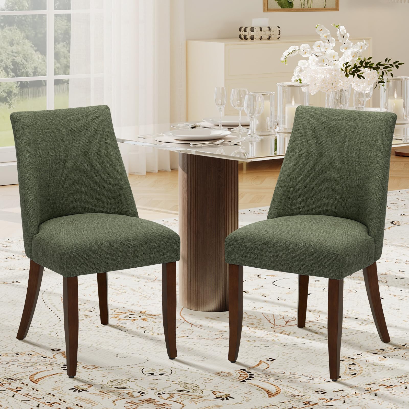 COLAMY Upholstered Dining Chairs Set of 2, Linen Fabric Parsons Dining Room Chairs with Curved Backrest, Solid Rubber Wood Legs