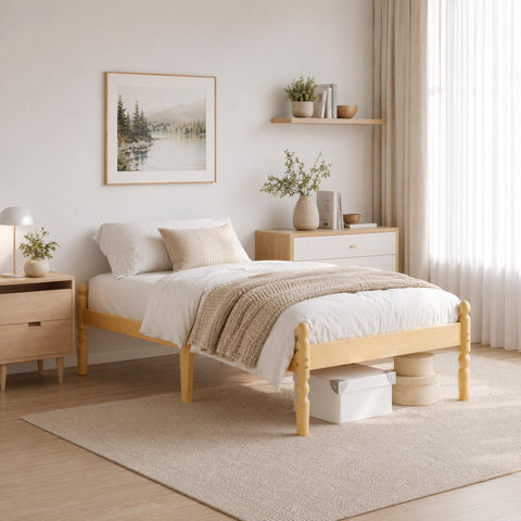 APEXTELLA HOME Single Bed Frame 14-inch Natural Bamboo Wood Platform Bed with Metal Slats Support and Mattress Slide Stopper, Underbed Storage Space