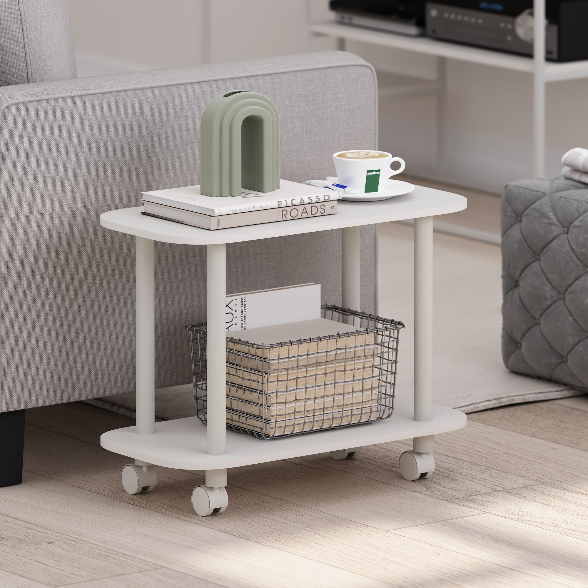 Furinno TURN-N-TUBE Side Table, 2-Tier Oval Sofa End Table with Wheels, Round Corner Night Stand, Bedside Table with Open Shelf, Toolless Assembly