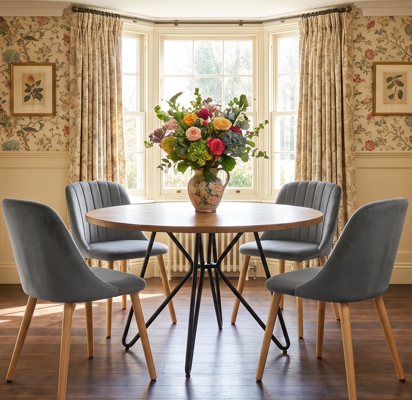 Goeurvant Dining Chairs Polyester Kitchen Chairs Set of 4 Upholstered Chair for Living Room with Wood Legs, Light Grey