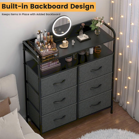 GoaHi Chest of Drawers, Dresser for Bedroom with 6 Fabric Drawers, Tall Storage Organizer Unit with 2 Layers Shelf for Bedrooms,Living Rooms