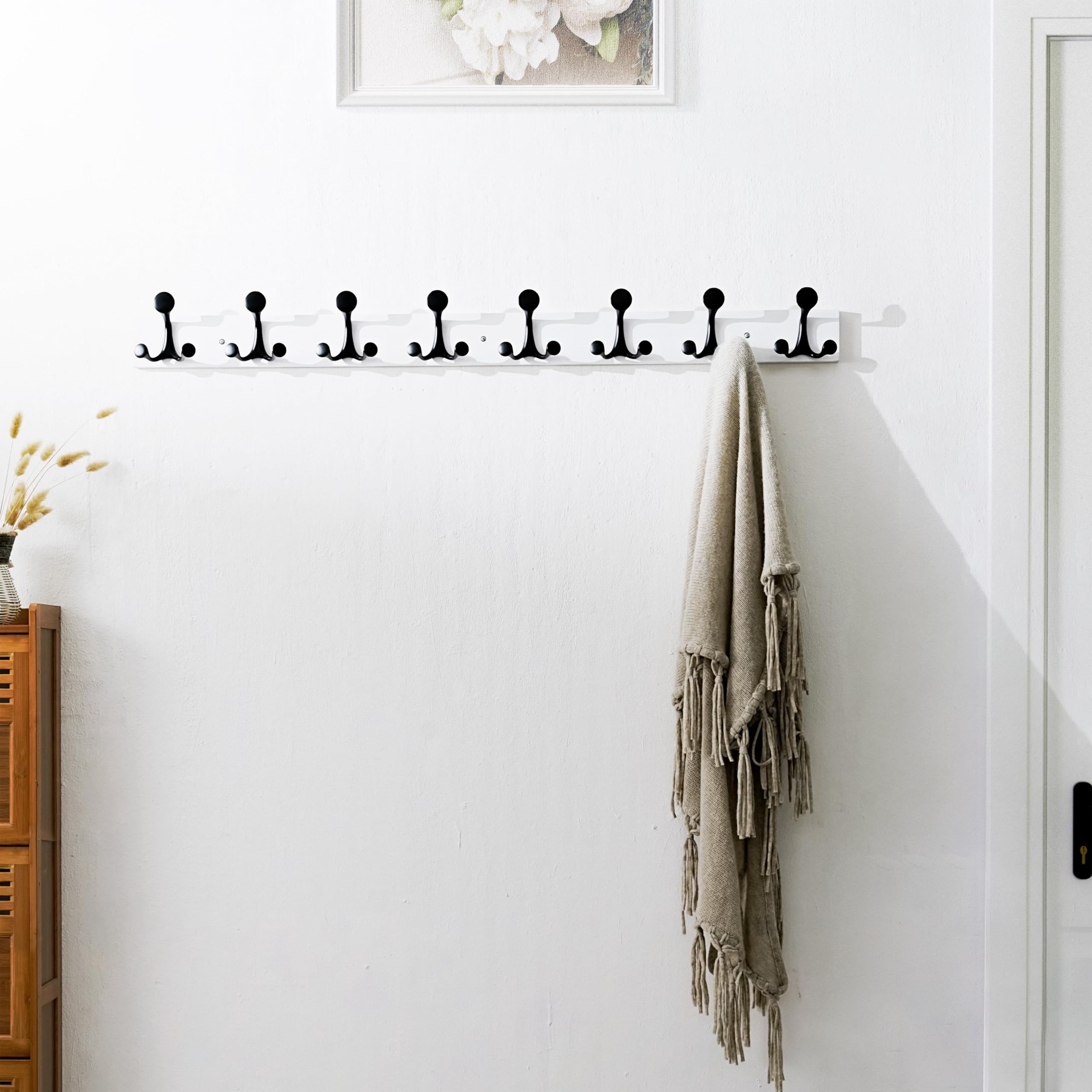 SKOLOO 109 cm White Wood Coat Rack Wall Mount with 8 Triple Hooks - Ideal for Family Entrances, Classrooms, and Pet Supplies Storage