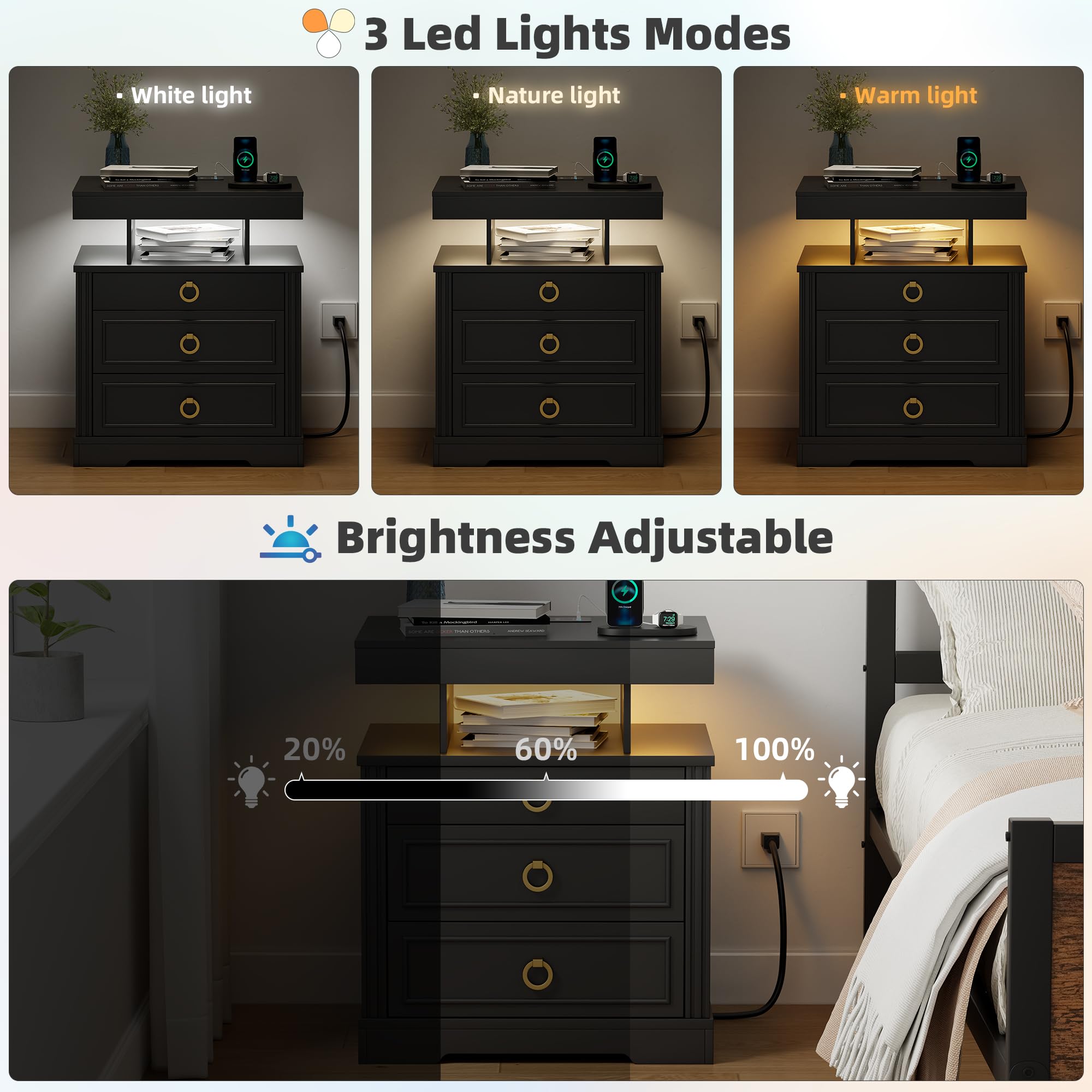 Lvifur Bedside Table with Charging Station,Human Sensor Lights for Bedroom