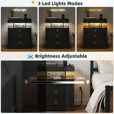 Lvifur Bedside Table with Charging Station,Human Sensor Lights for Bedroom