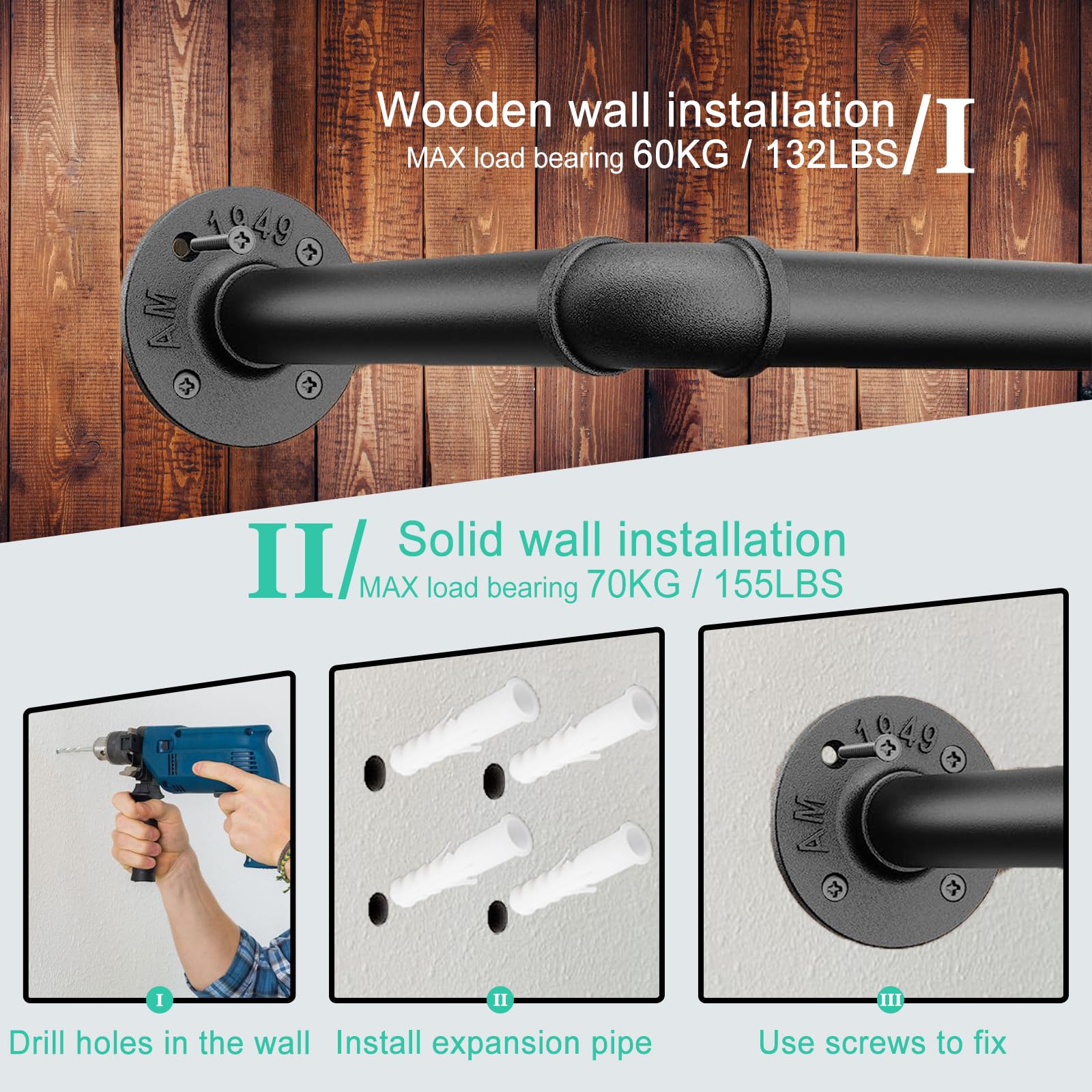SMILOVII Wall Mounted Clothes Rail, Industrial Clothes Rail Wall Mounted, 92cm Walls Mounted Garment Rail Heavy Duty