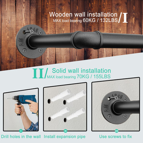 SMILOVII Wall Mounted Clothes Rail, Industrial Clothes Rail Wall Mounted, 92cm Walls Mounted Garment Rail Heavy Duty