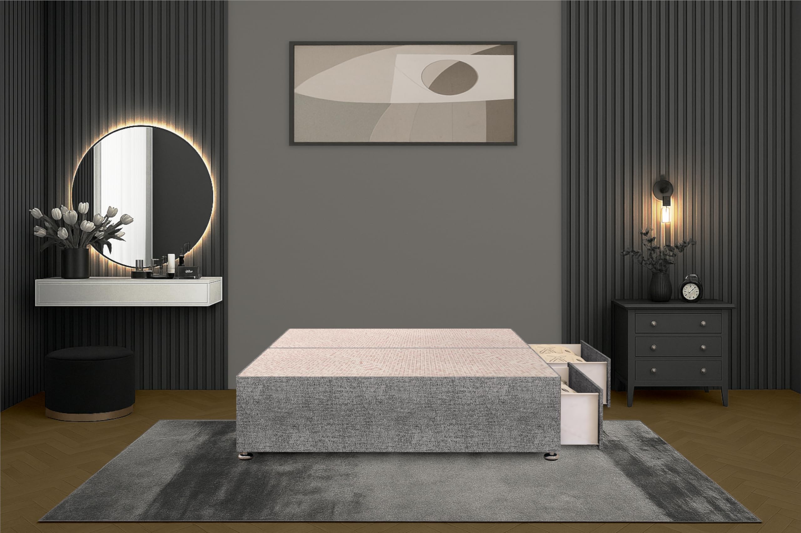 Bed Centre Flexby Divan Bed Base Only with 2 Drawers (Same Side), No Headboard - Available in 3FT, 4FT, 5FT & 6FT (3FT Single, Tweed Grey Fabric)