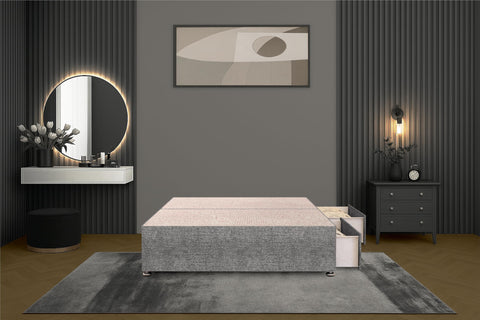Bed Centre Flexby Divan Bed Base Only with 2 Drawers (Same Side), No Headboard - Available in 3FT, 4FT, 5FT & 6FT (3FT Single, Tweed Grey Fabric)