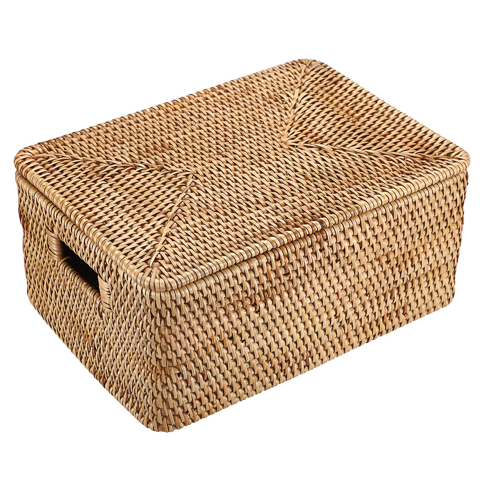 IGNPION Rattan Storage Basket With Lid, Wicker Decorative Storage Basket for Shelves Bathroom Woven Storage Box