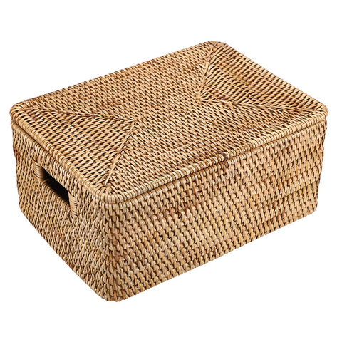 IGNPION Rattan Storage Basket With Lid, Wicker Decorative Storage Basket for Shelves Bathroom Woven Storage Box