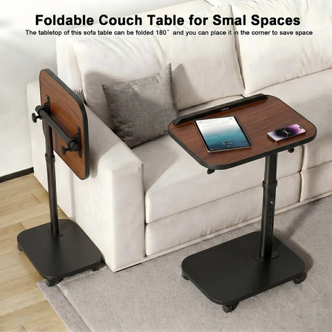 C Shaped Side Table, Sofa TV Tray Tables Adjustable Height & 180° Flip-Over Panel Design