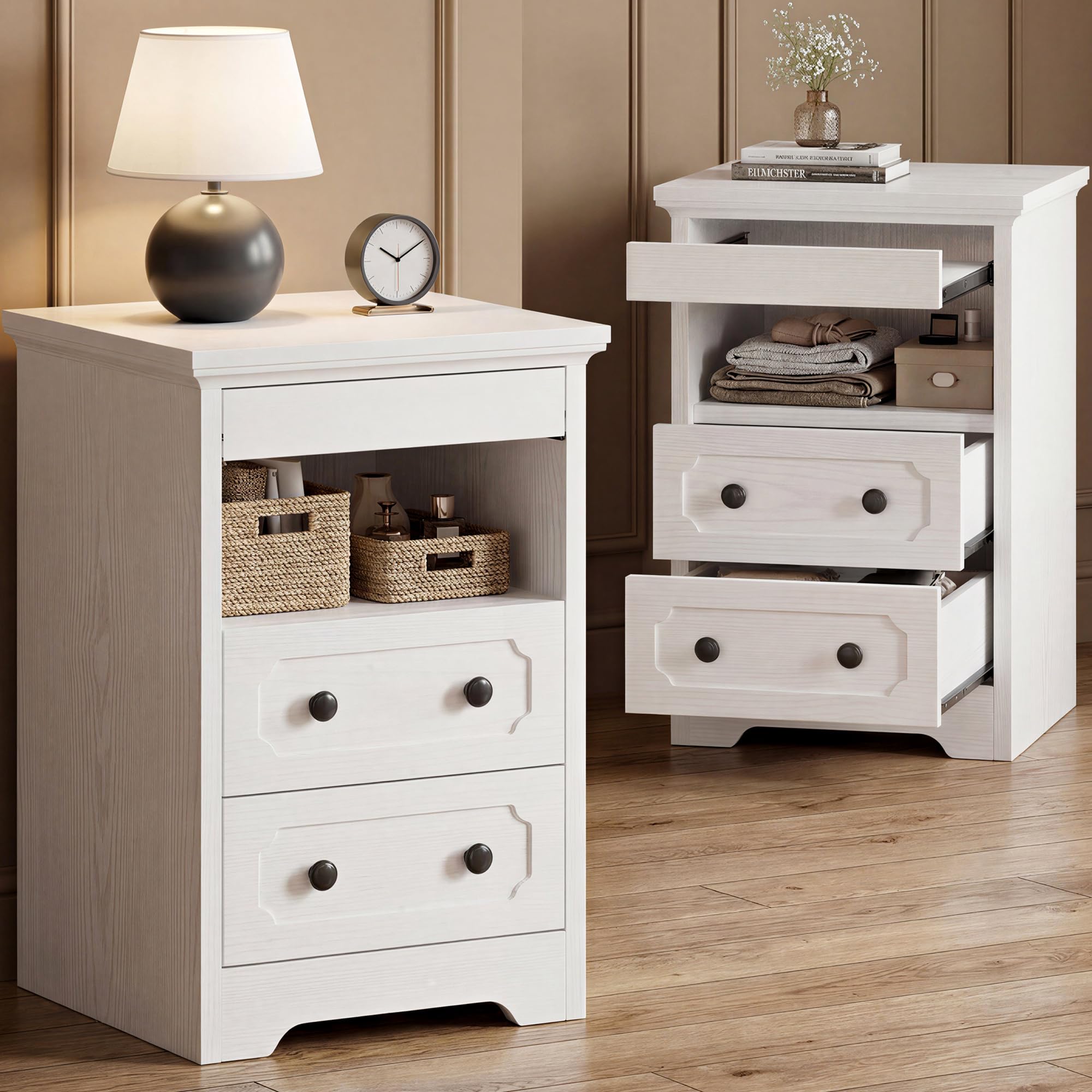 IRONCK Bedside Table Set of 2, Modern Nightstand with 2 Drawers, Open Shelf, End Table with Pull-Out Tray for Bedroom, Living Room, White