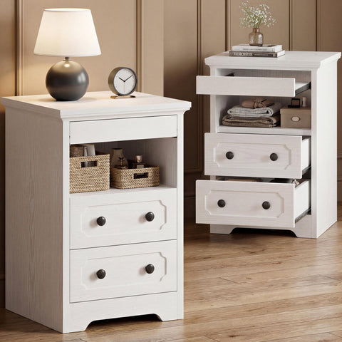 IRONCK Bedside Table Set of 2, Modern Nightstand with 2 Drawers, Open Shelf, End Table with Pull-Out Tray for Bedroom, Living Room, White
