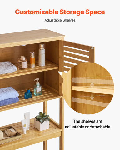 VEVOR Bamboo Over The Toilet Storage Cabinet, 68.9 in Height Bathroom Storage Organizer with Double Door & Inner Adjustable Shelf