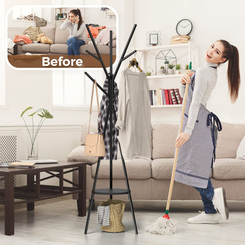 HOME BI Coat Rack Stand, Entryway Standing Coat Tree,Hat Stand Coat Hanger with 9 Hooks for Holding Jacket, Handbag, Clothes, Hats, and Scarves, Black