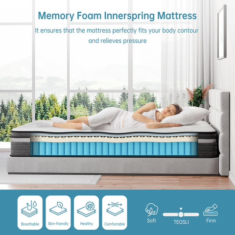 TeQsli Individually Pocket Sprung King Mattress 5FT with Soft Fabric, 10 Inch Hybrid Mattress King for Pressure & Back Pain Relief