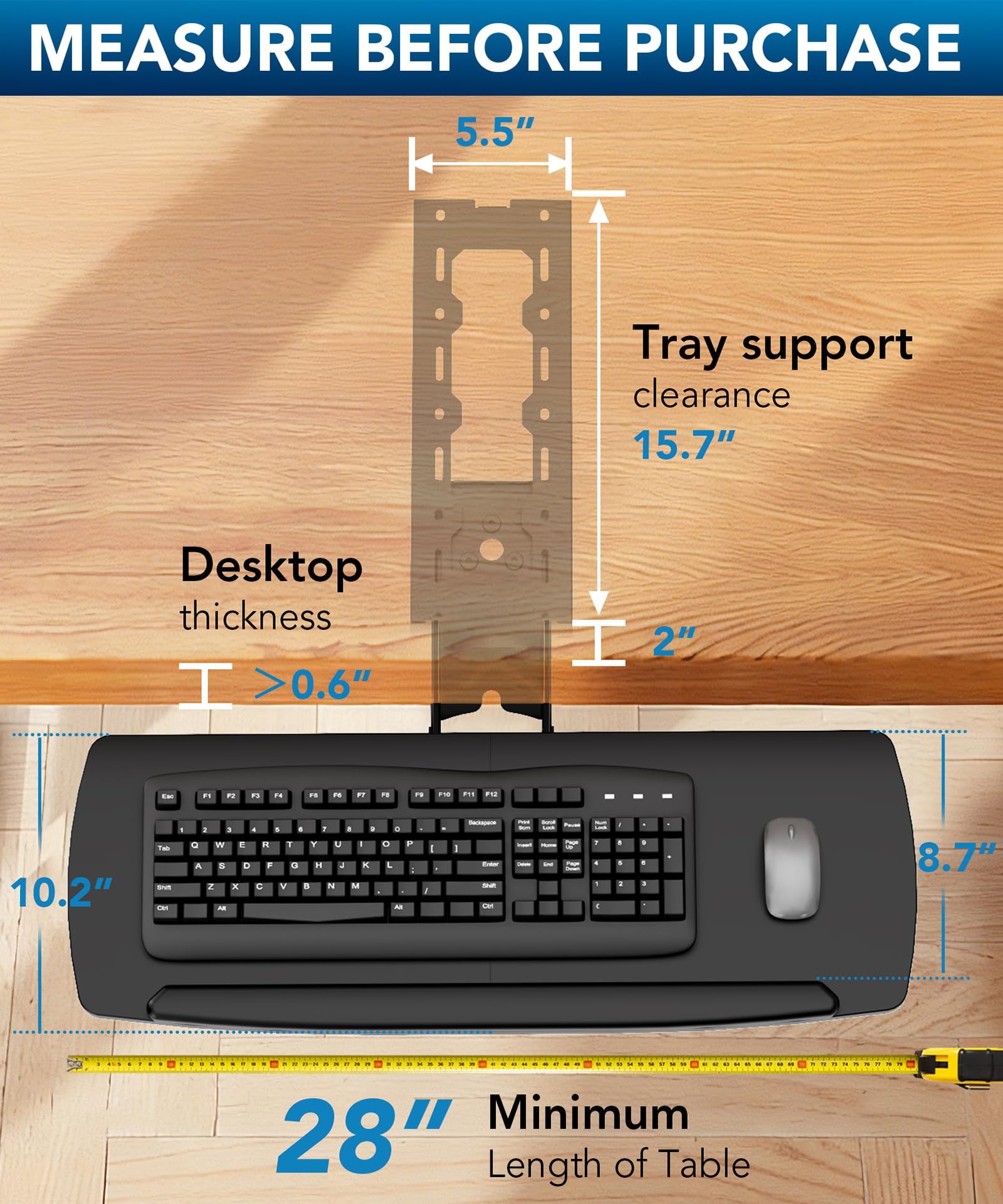 AX WABER Keyboard Tray Under Desk with Storage Drawer, Height Adjustable Keyboard Tray Slide Out 360° Swivel Tilt