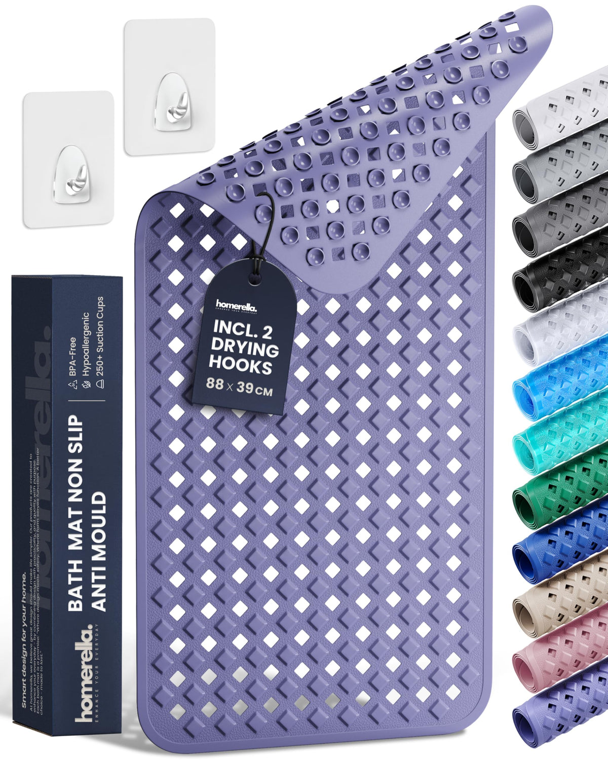 homerella Bath Mat Non Slip Anti Mould 88x39cm Shower Mat Non Slip Bath Mat