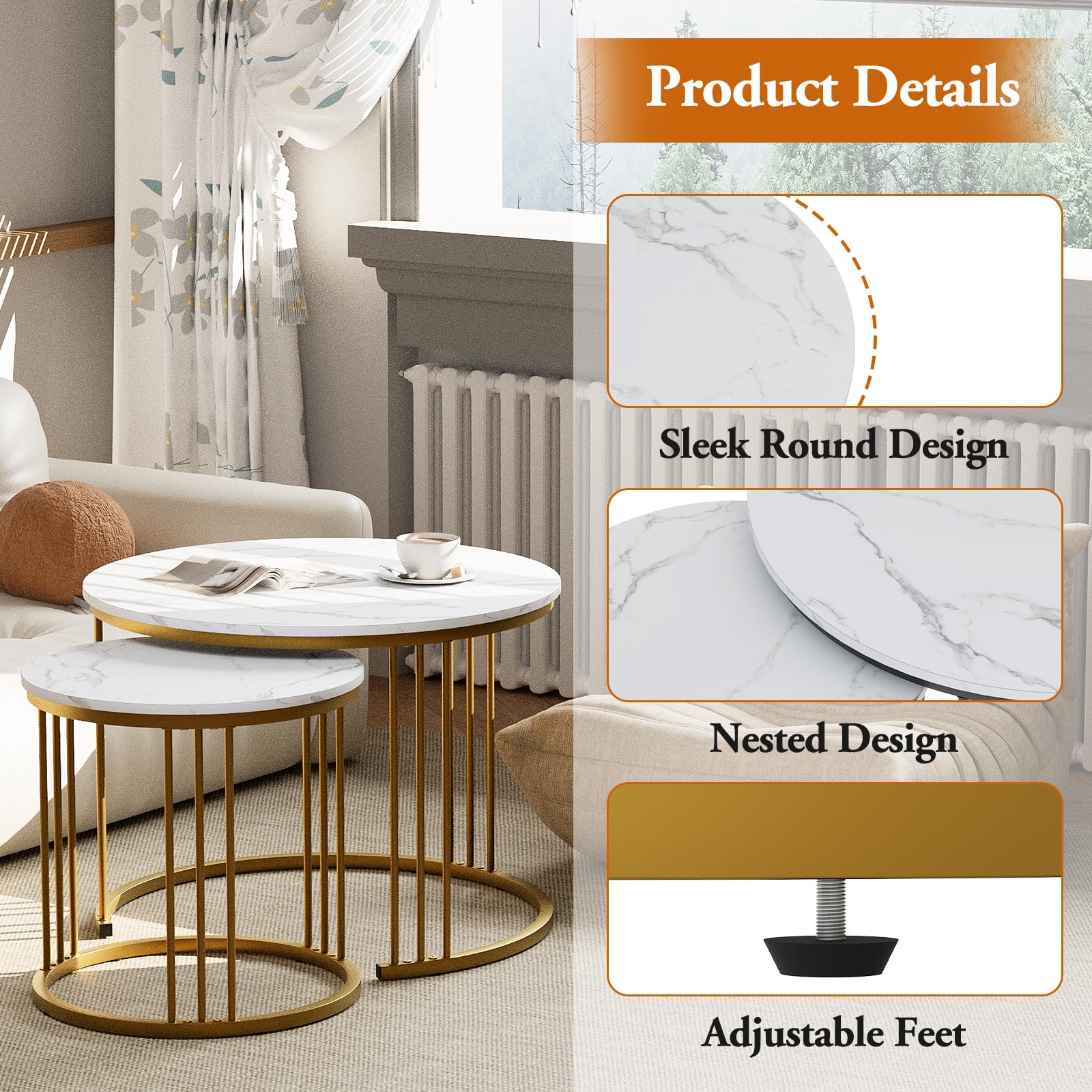 Round Coffee Tables, Set of 2 End Table, Nesting Tables, Side Table with Metal Frame for Living Room/Bedroom/Balcony/Office/Apartment
