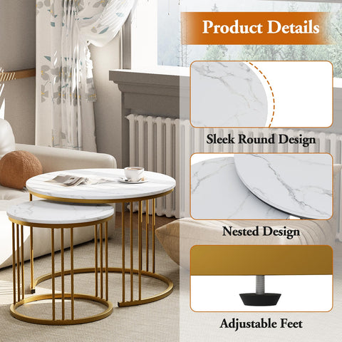Round Coffee Tables, Set of 2 End Table, Nesting Tables, Side Table with Metal Frame for Living Room/Bedroom/Balcony/Office/Apartment