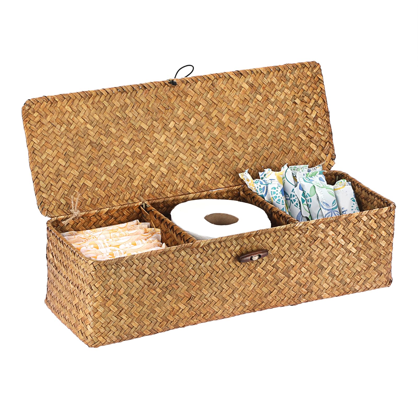 IGNPION 3-Compartment Seagrass Storage Baskets with Lid Woven Seagrass Desktop Basket Bathroom Storage Organiser Box