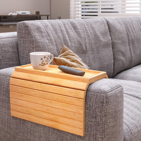 Fibogollo Sofa Arm Tray,Bamboo Folding Couch Arm Tray,1 Pc Sofa Armrest Tray with Anti-Slip Pad for Drinks,Snacks,Phone,Remote Control（Natural）