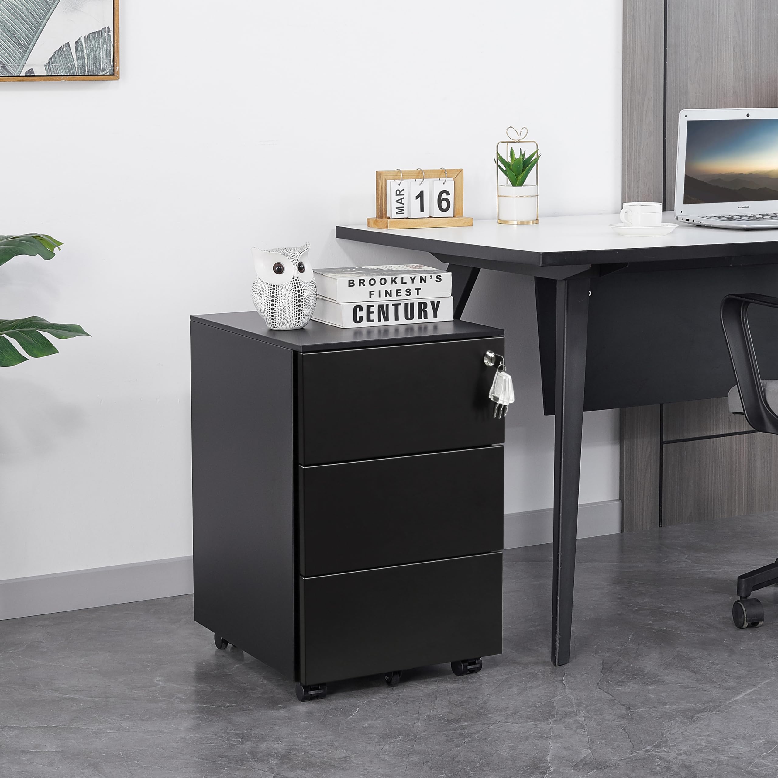 LVSTEEL 3-Drawer Mobile Filing Cabinet with Lock, Steel Office File Cabinet on Wheels, Under Desk Metal Cabinet, Fully Assembled, Black, 37x44x54cm