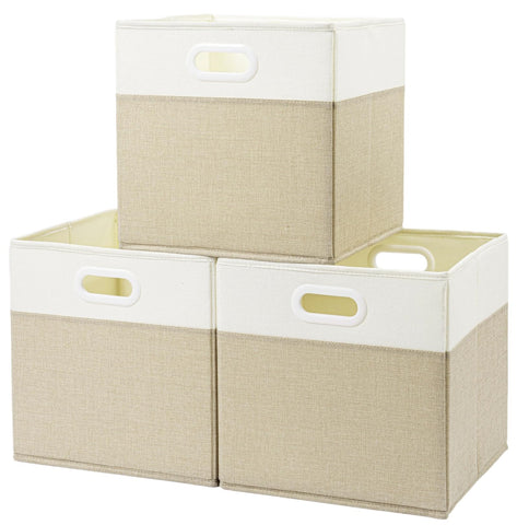 SOCOHOME Fabric Storage Boxes,33x33x33cm Storage Cube, Foldable Storage Baskets for Shelf Nursery Closet(Light Khaki/Cream White, 3 Pack)