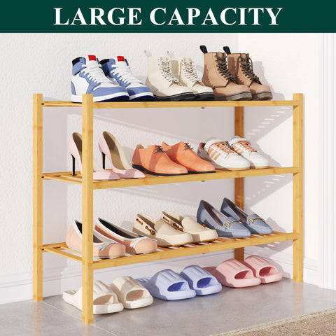 smiry Natural Bamboo Shoe Rack, 3 Tier Wooden Stackable Shoe Storage Organiser, Free Standing Shoes Storage Shelf for Entryway, Hallway, Small Spaces