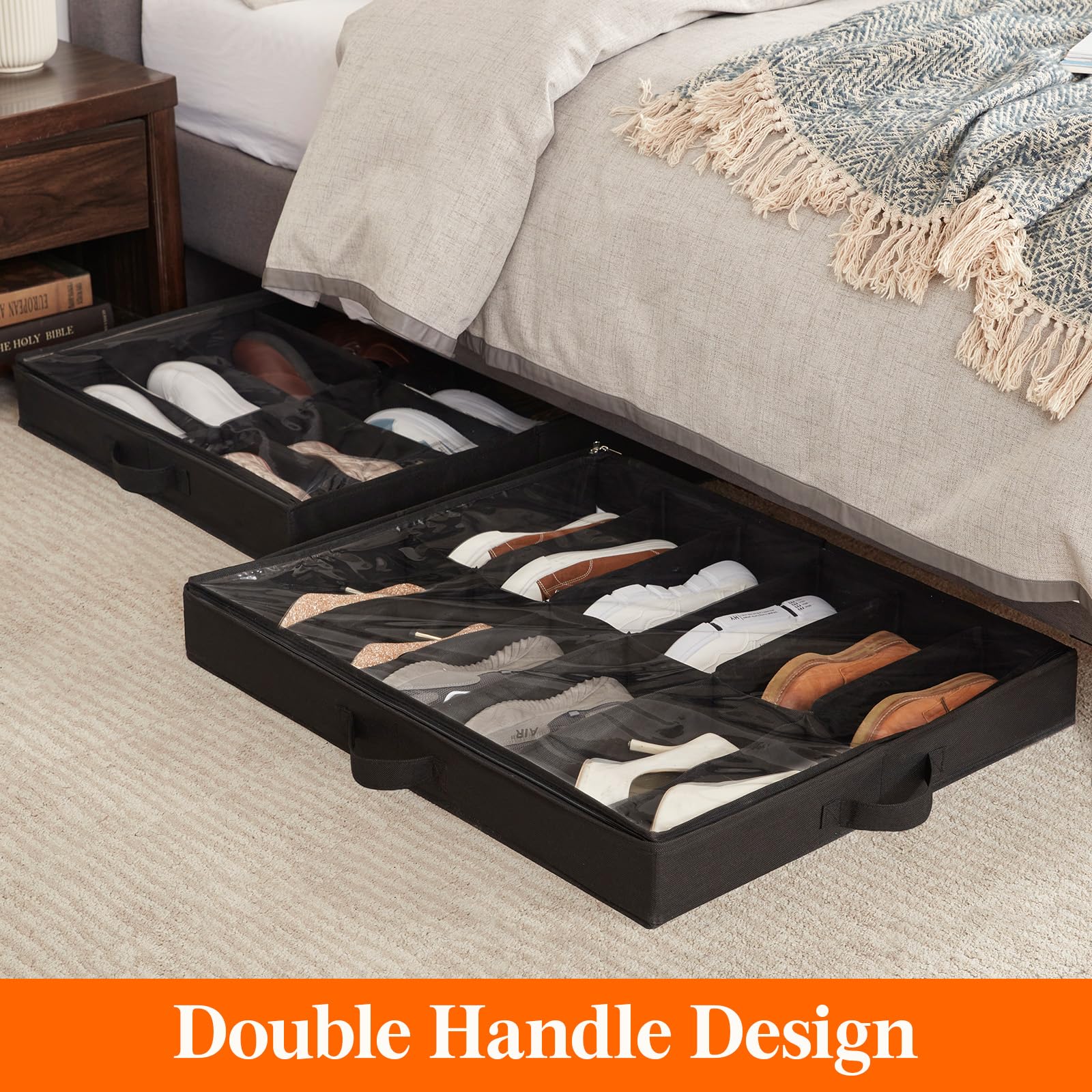 Lifewit 2-Pack Under Bed Shoe Storage, 11cm Shallow Underbed Shoe Organiser with Clear Cover, Set of 2 Slim Stackable Shoe Boxes Hold 24 Pairs, Black