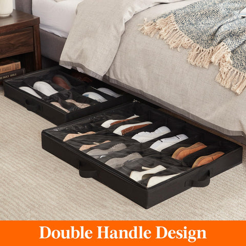 Lifewit 2-Pack Under Bed Shoe Storage, 11cm Shallow Underbed Shoe Organiser with Clear Cover, Set of 2 Slim Stackable Shoe Boxes Hold 24 Pairs, Black