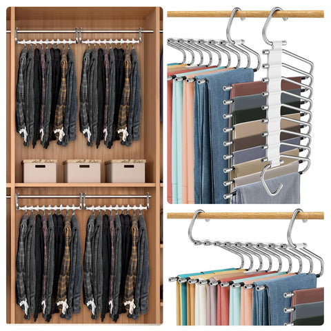 2 Pack trouser hangers space saving, 9 In 1 Non-Slip Multifunctional Pants Rack, Clothing Rack for Closet Storage - Ideal for Jeans, Pants, Skirts