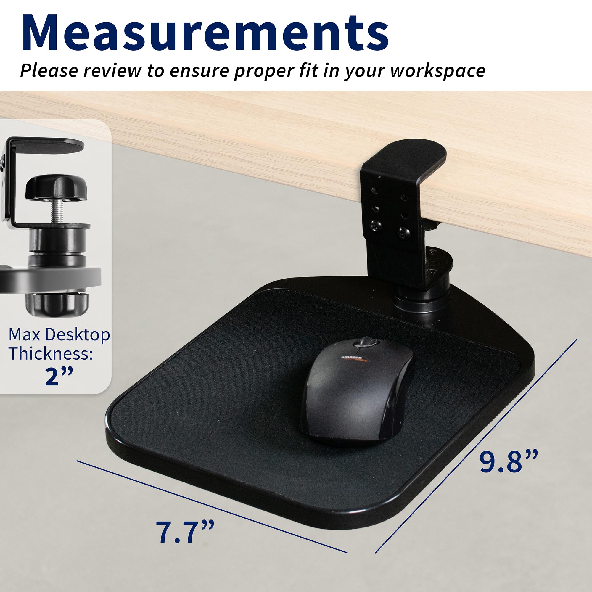 VIVO Clamp-on Mouse Pad Holder Platform, Adjustable Under Desk 360° Rotating Tray Rest Extension Attachment, up to 2 inch Desktops, Black, MOUNT-MS01A