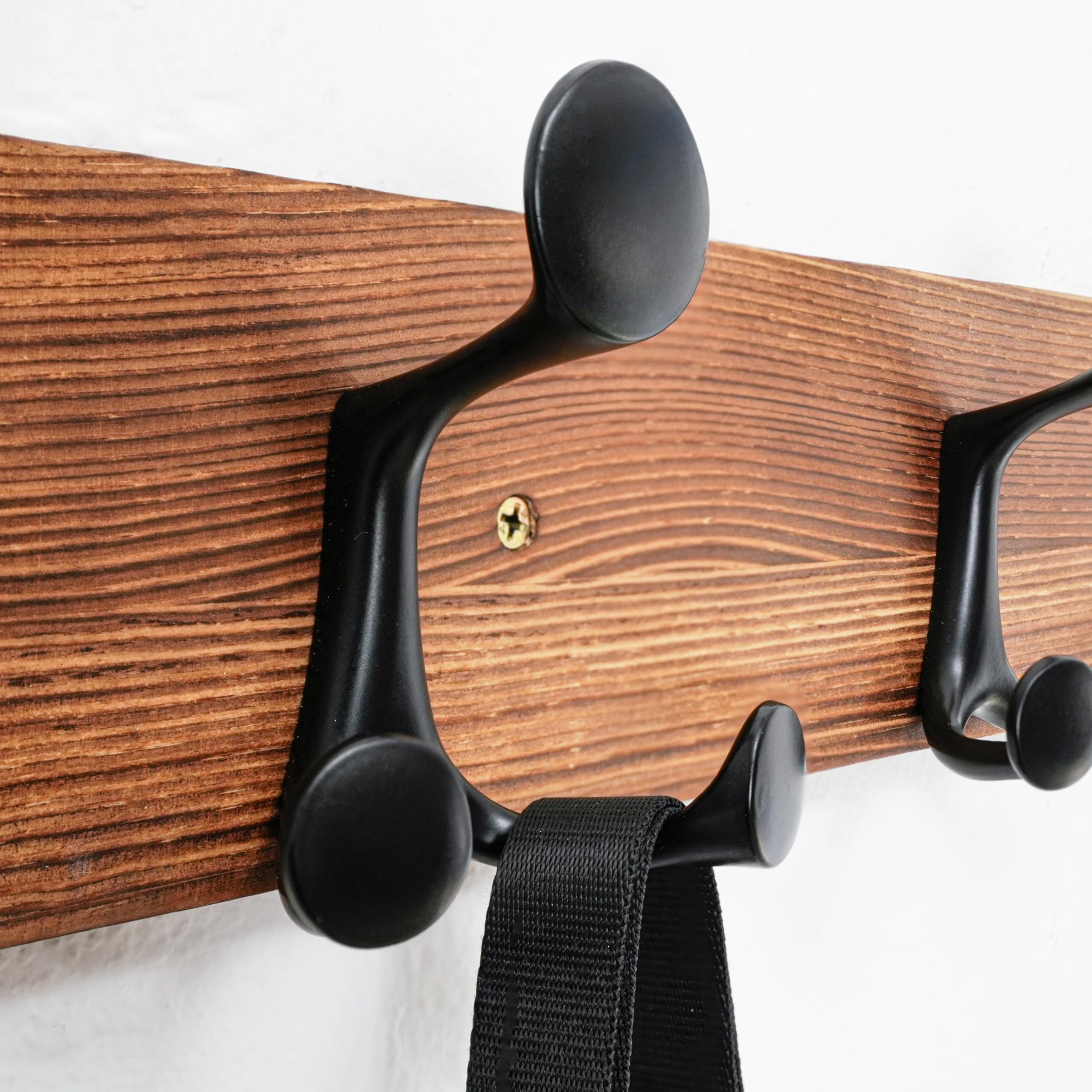 HONSKY Wall Mounted Coat Rack, 91cm BrownPine Wood Base, 6 Black Sturdy Aluminium Alloy Triple Hooks(18 Hanging Points)