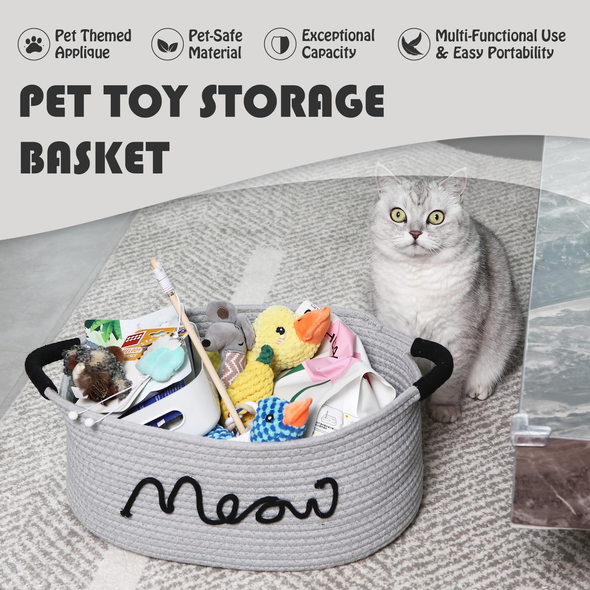 Sea Team Grey Cotton Rope Cat Toy Storage Basket Meow Print with Handles