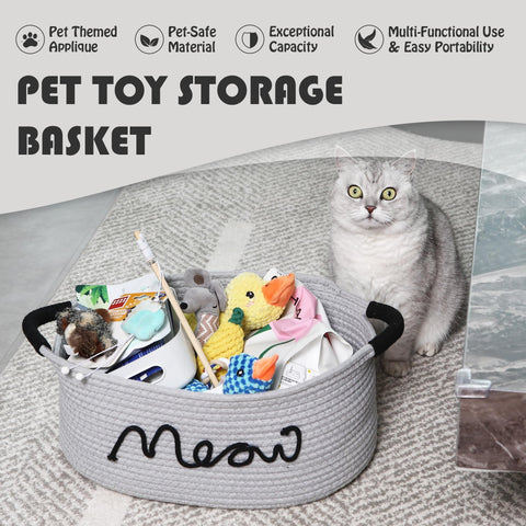 Sea Team Grey Cotton Rope Cat Toy Storage Basket Meow Print with Handles